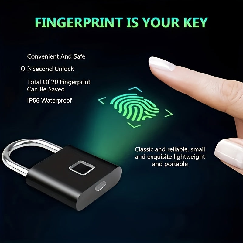 Compact Smart Fingerprint Padlock - Waterproof, Keyless Security, USB Rechargeable, Lightweight Zinc Alloy - Ideal for Luggage, Suitcases & Backpacks